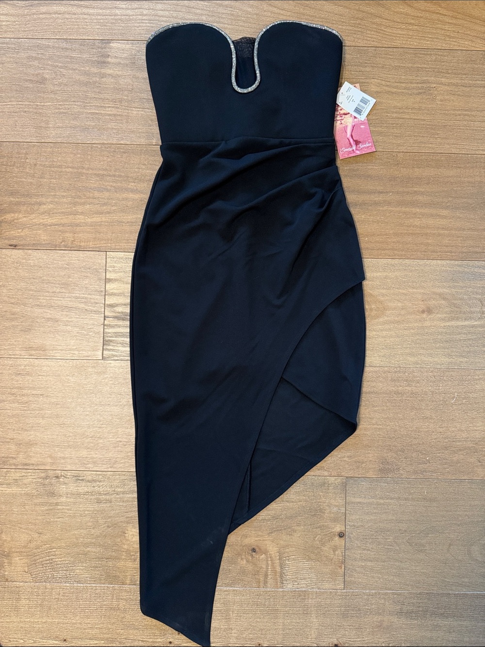 Emerald Sundae Black Strapless Asymmetrical Dress with Rhinestone Trim